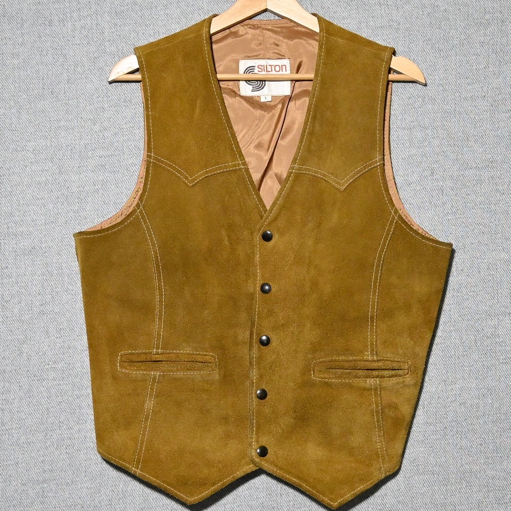 Silton Suede Leather Vest Mens Western Snap Front Large Tan USA Materials